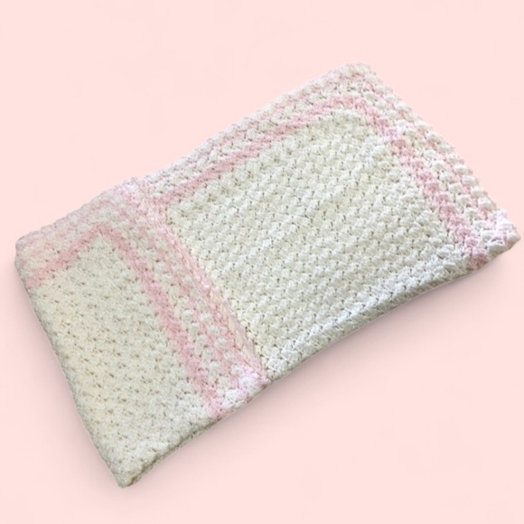 Vintage Pink White Afghan Blanket Throw 36" x 36" Baby Afghan Handmade - Picture 2 of 5
